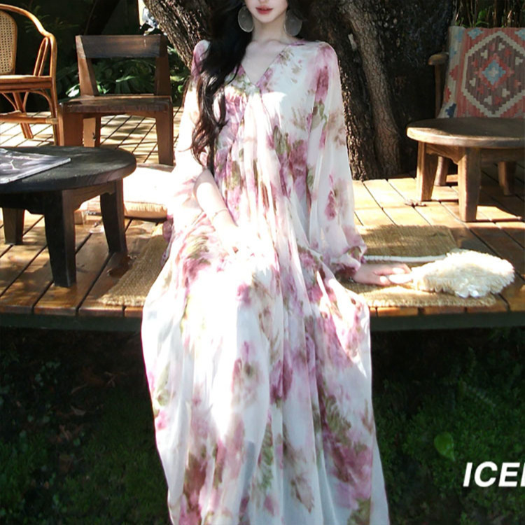 Icelolly New Chinese-Style Loose Floral Fairy Dress for Petite Women, Summer National Style Beautiful Long-Sleeve Dress