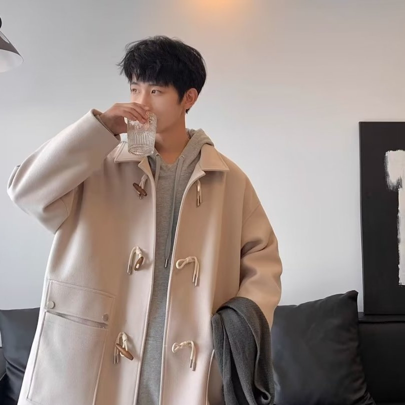 2024新款风毛呢大衣男ins潮中长款牛角扣风衣高级感雅痞外套批发
