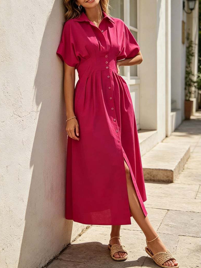 Women's Summer Casual Short Sleeve Button-Down Loose Pleated Mark…