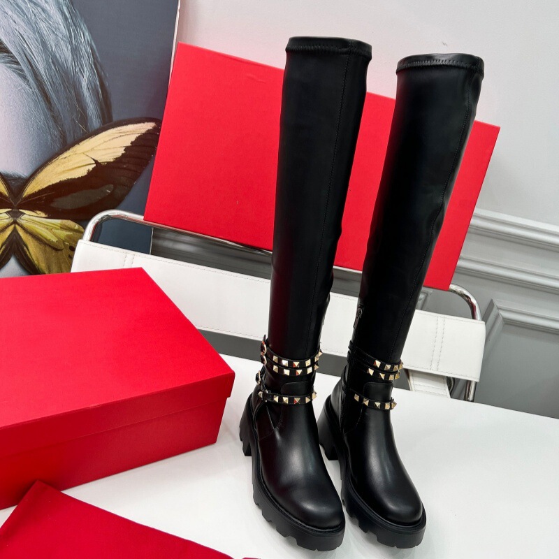 Foreign Trade New Style Russia, America, Spain, Mexico, Middle East Thick-Soled Genuine Leather Rivet Decorated Over-The-Knee Elastic Boots