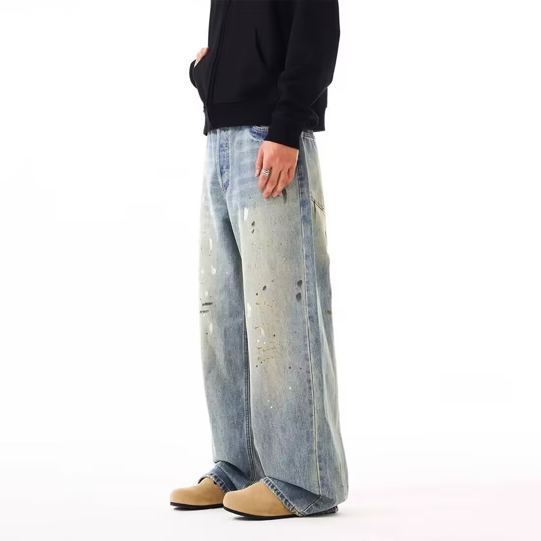 Men's Clothing Men's Retro Trendy Ink Splatter Wash Distressed Loose Straight Leg Wide Leg Jeans Versatile Casual Commuting Pants_mkmklike.com