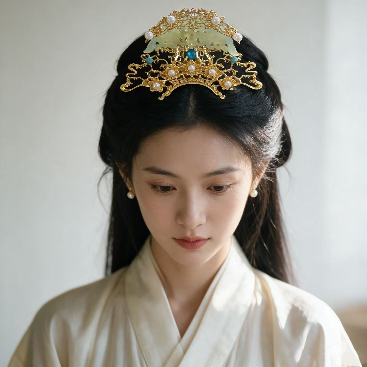 Palace-style hollowed-out blue gemstone floral hair crown, Ming-dynasty Hanfu wedding headpiece, ancient costume style updo crown hair accessory