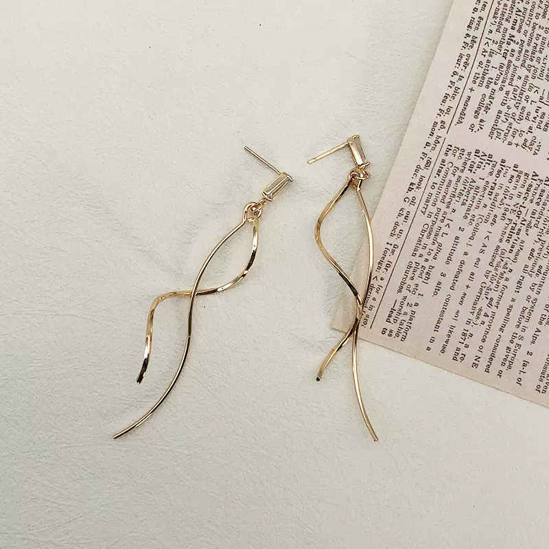韩版ins风长版流苏极简线条波浪耳钉微镶锆石蚊香盘耳夹无耳洞女
