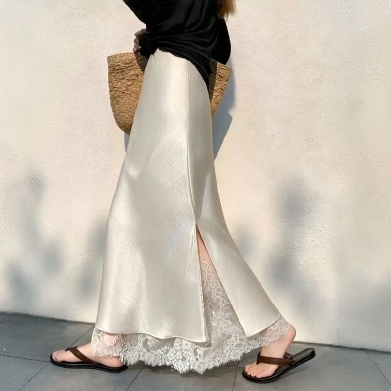 Acetate Satin Skirt, New Summer Style, Drapey A-Line Skirt with Side Slit, Lace Splicing, Elegant Fishtail Long Skirt