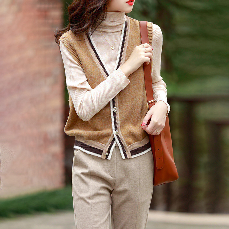 French Retro Knitted Vest Women's Cardigan Autum Fashion Outer V-Neck Vest Contrasting Color Slim Jacket Top