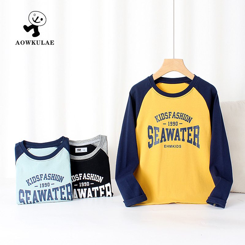 Camiseta de manga larga para niños estilo coreano de primavera y otoño, top de algodón y cachemira raglán para niños medianos y grandes, estilo Little Elephant Ham para niños.