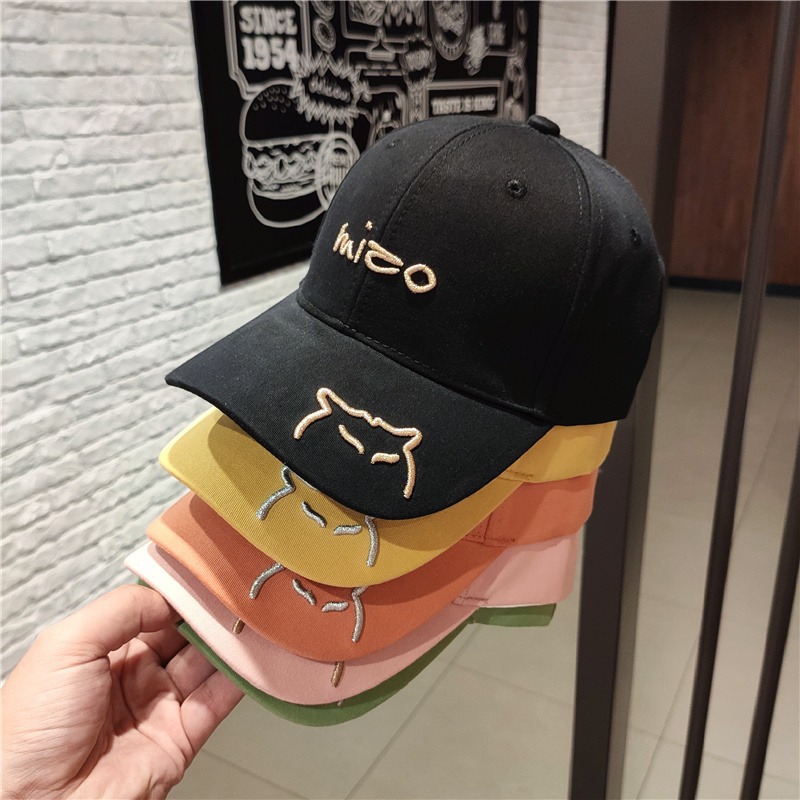 Cappello da donna con grondaia curva da baseball ricamato con gatto carino, protezione per studenti da strada, parasole, cappello con lingua d'anatra_voghion.com