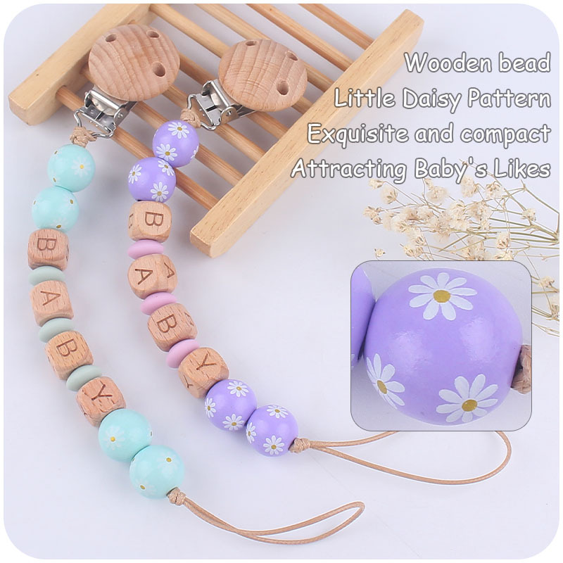 Nuevo bebé suministros dibujos animados madera Margarita cuentas pacificar bebé DIY nombre chupete cadena anti-gota cadena