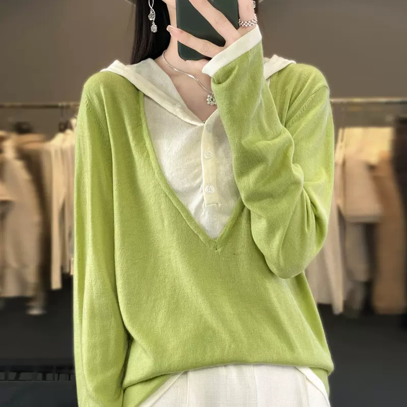 精纺羊毛2024春季新款女装连帽卫衣长袖拼色套头保暖针织衫毛衣