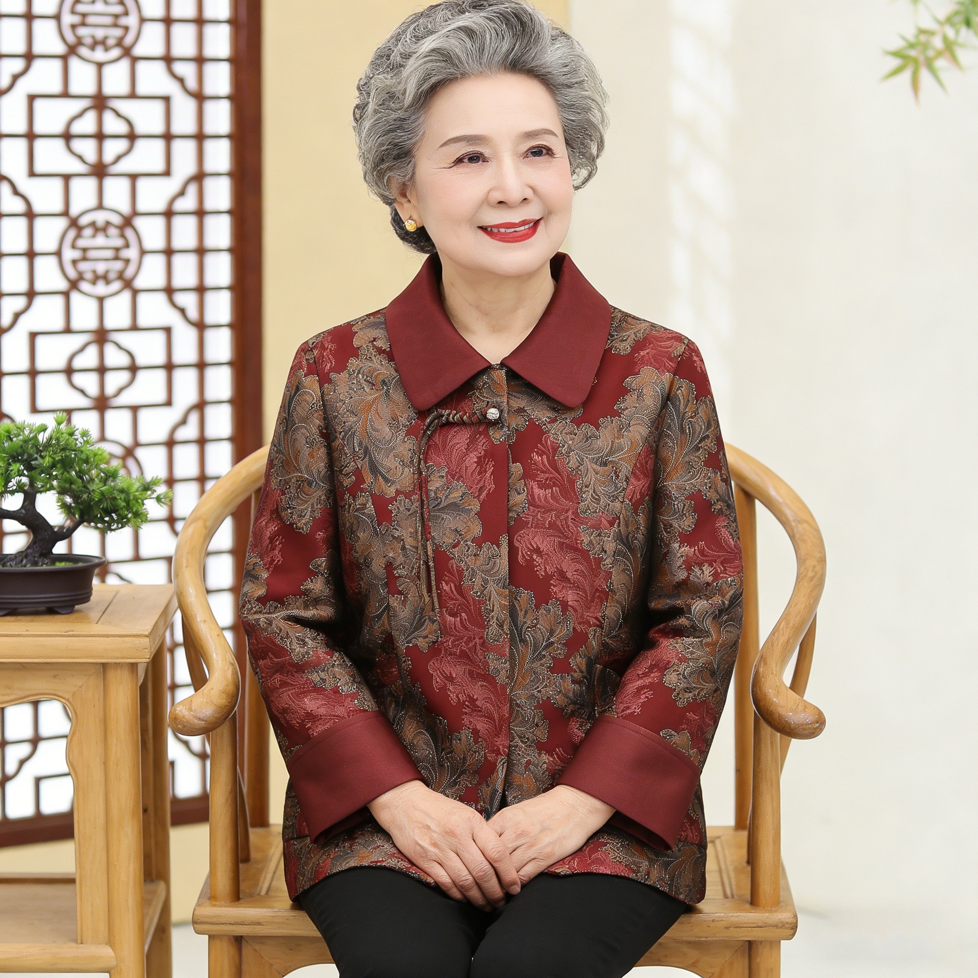 2025新款妈妈装翻领长袖开衫春秋新款外套洋气新中式奶奶气质上衣
