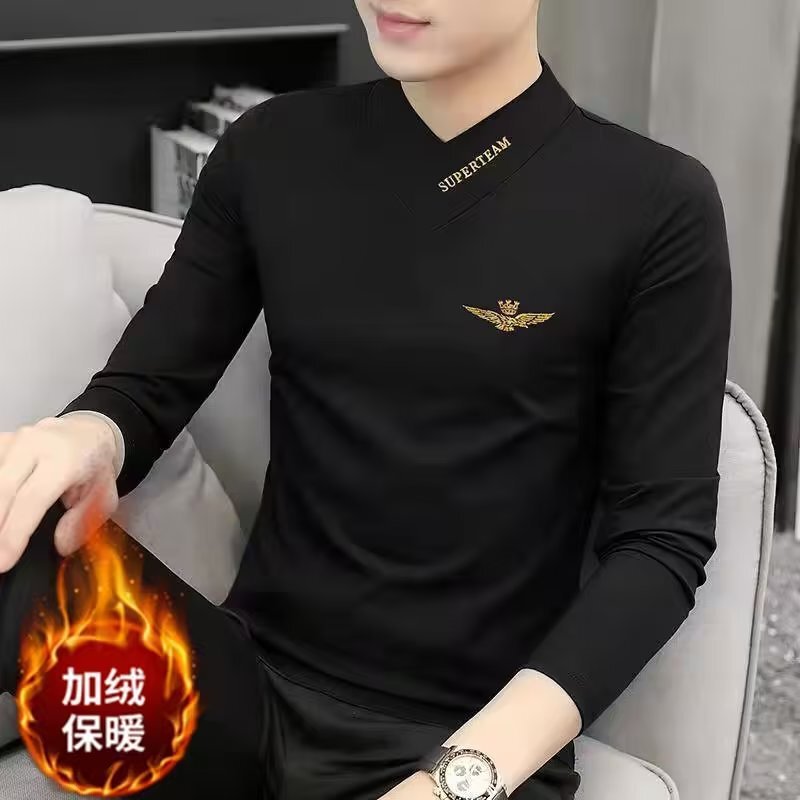 Autumn and Winter Half-high Collar Modal Men's Long-sleeved T-shirt Mid-collar fleece-lined Thickened Base Shirt V-neck Warm Top Trendy