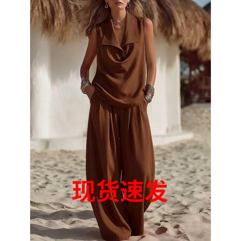 2026 European and American Cross-Border Amazon Women's Two-Piece Set Sleeveless Elegant Lapel Top Loose Pants Suit for Women 2026 European and American Cross-Border Amazon Women's Two-Piece Set Sleeveless Elegant Lapel Top Loose Pants Suit for Women