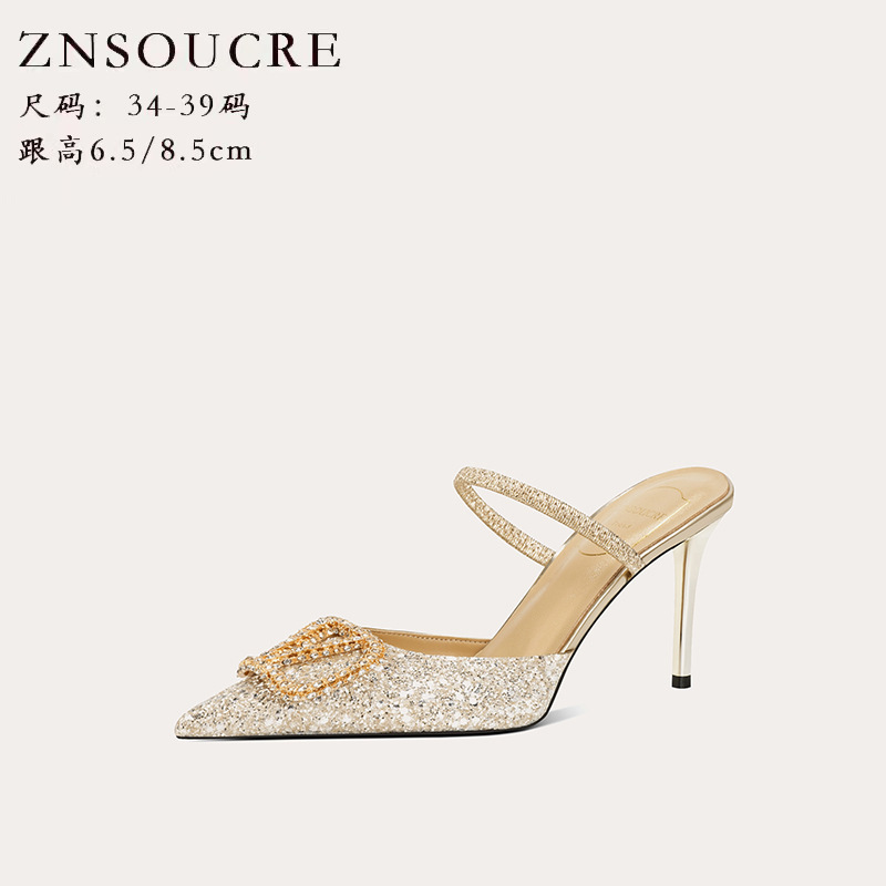 708-A92 Summer One-Strap Two-Way Diamond Buckle Stiletto Heels Party Goddess High Heels Sheepskin Women's Heels