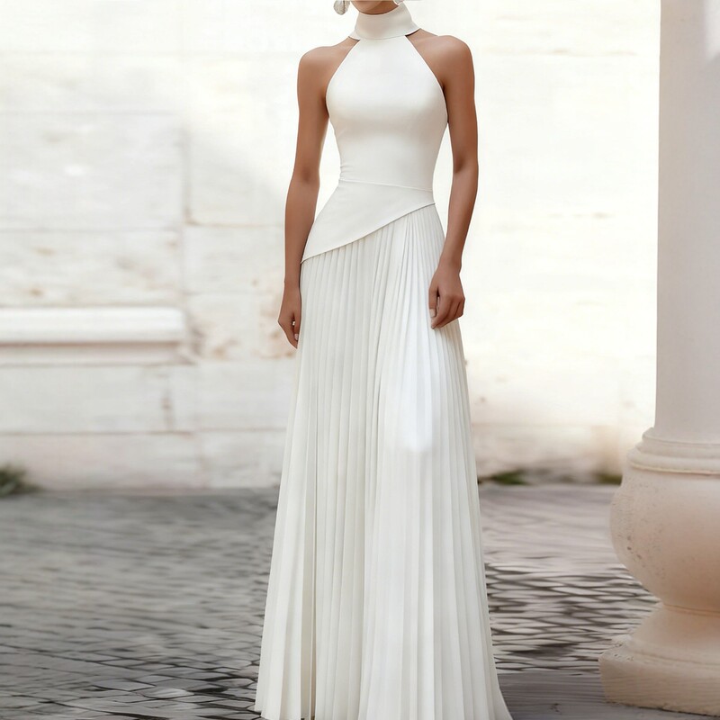 European and American Cross-Border New Style High-Neck Sleeveless Pleated Long Dress, Slim Fit, Elegant and Graceful Wedding Dress European and American Cross-Border New Style High-Neck Sleeveless Pleated Long Dress, Slim Fit, Elegant and Graceful Wedding Dress
