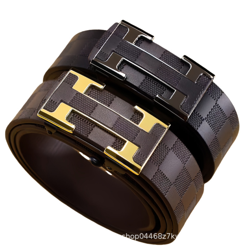 New Men's Leather Belt Business Waist Belt Checkered Pattern Toothless Automatic Buckle Casual Versatile Waist Belt
