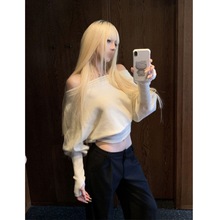 清透白开水适美纯欲风纯色斜肩针织毛衣女秋季显瘦百搭上衣