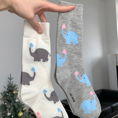 可愛大象襪子女春秋款ins潮中筒襪棉襪個性百搭堆堆襪卡通長筒襪