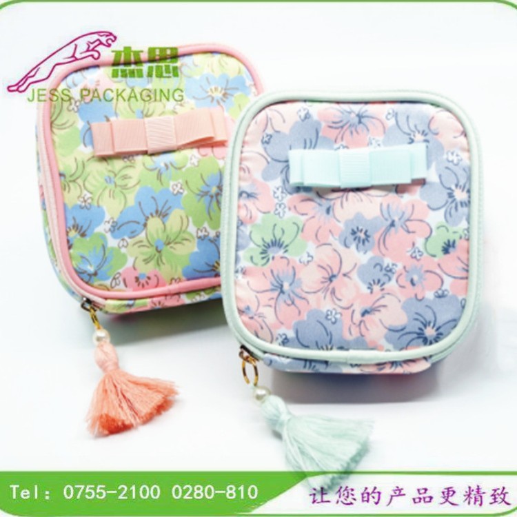 设计新款棉布少女化妆品整理印花双拉链包大容量卫生巾收纳包