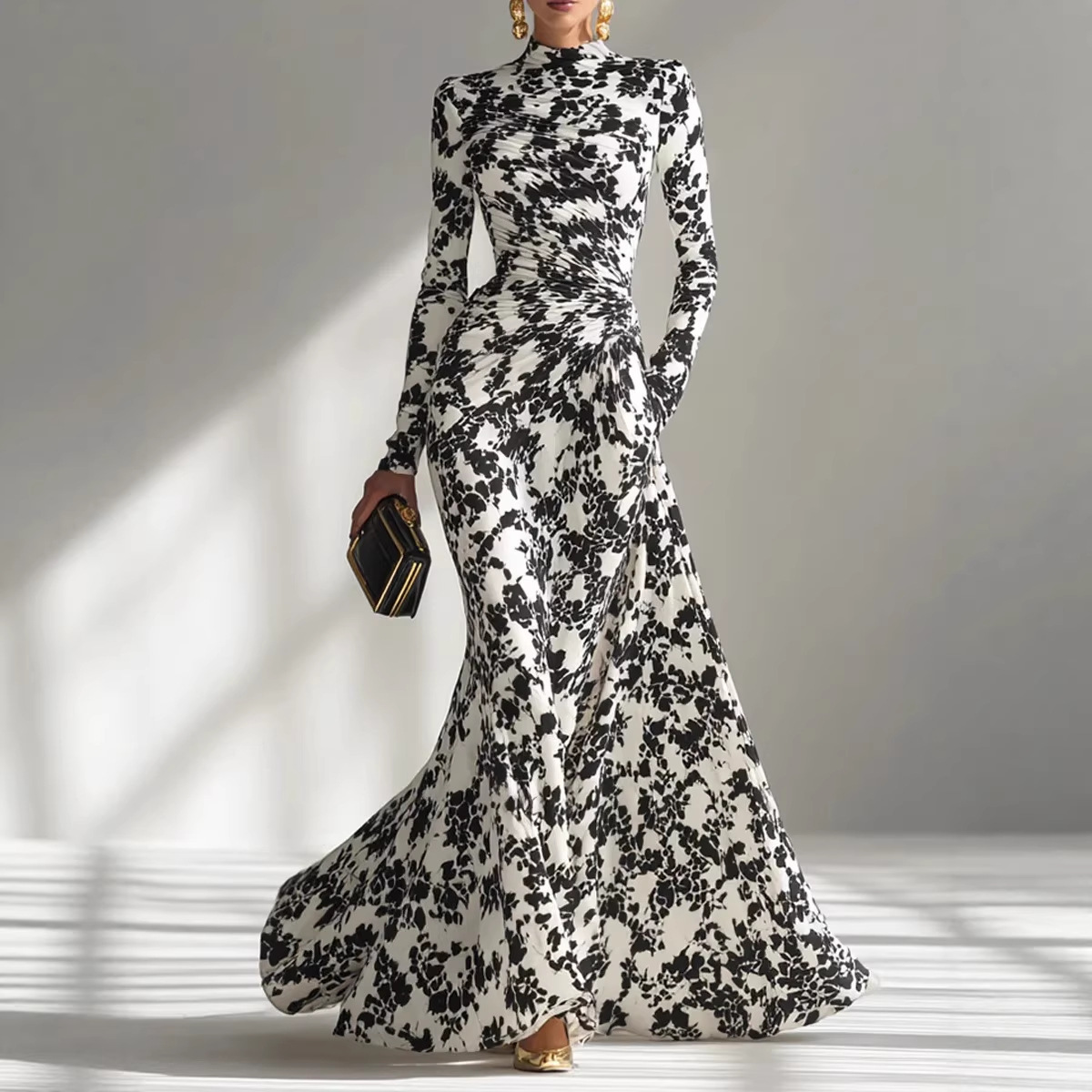 Autumn High-Waisted Pleated Full Skirt Dress For Women Sexy Long-Sleeved Fitting_ecoleips.com