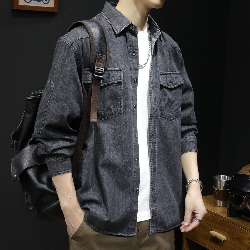2025 Men's Spring and Autum New Denim Shirt Men's American Retro Fashion Double Flap Pocket Pants Workwear Denim Lining