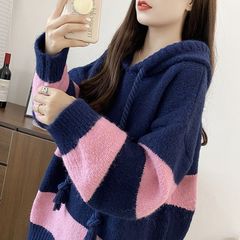 慵懒风连帽套头毛衣女秋冬新款2025年韩版宽松条纹针织衫卫衣外穿