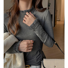 工厂韩系设计感花边袖打底衫女秋冬莫代尔正肩立领显瘦长袖上衣