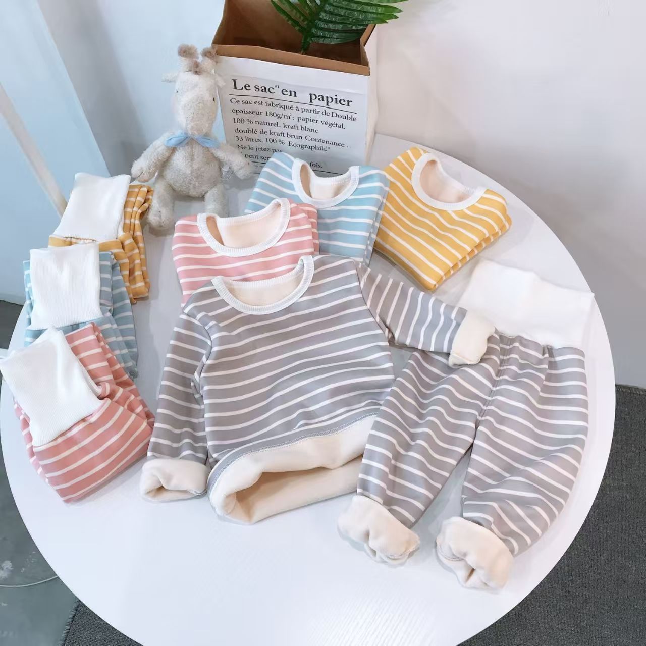 Foreign Trade Kidsren's Autumn and Winter Clothing Warm 0-5 Years Old 1 Boy and Girl Fleece-Lined Stripesd Bottoming Shirt High Waist Baby Pajamas Set