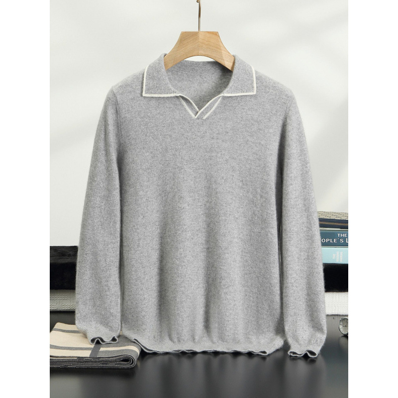 26 new model seagull collar cashmere sweater for men, 12-stitch flat old money style knitwear, loose casual turn-down collar sweater, cross-border