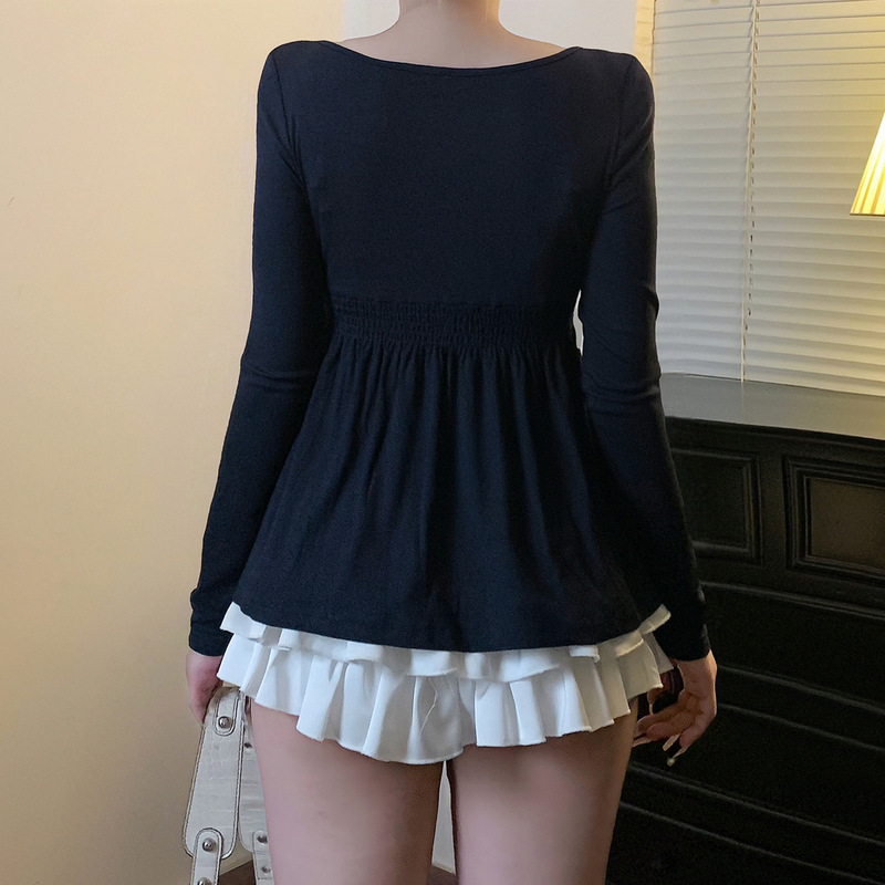 纯欲甜美风U领三粒扣高腰裙摆型上衣复古气质欧美女装秋季基础T恤|undefined