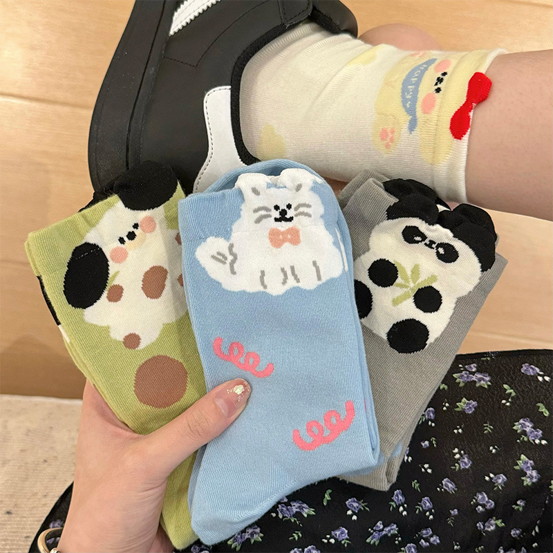 Funny Cartoon Puppy Socks for Women, Autumn Blue Mid-Calf Socks, Pure Cotton, Japanese Style, Cute Student Autumn Long Socks