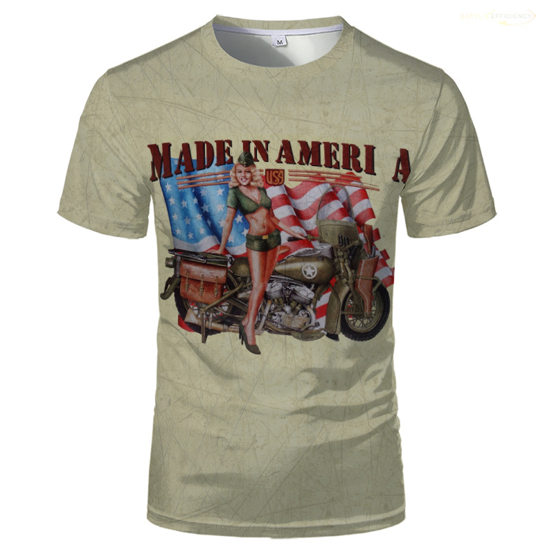 2022 Summer New European and American MoTorcycle Girl American Flag ShorT-sleeved T-shirT Men's Casual Fashion BesT-selling Trend