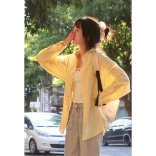 春秋新款韩系宽松多巴胺条纹长袖衬衫女中长款翻领防晒别致衬衣潮