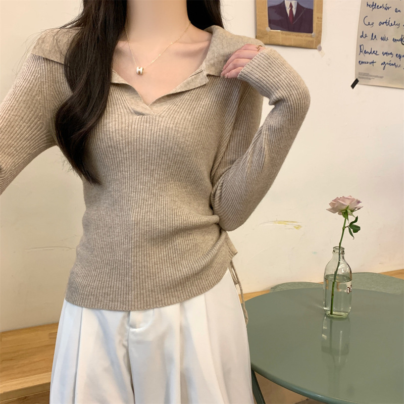法式polo领抽绳针织衫女秋季小众轻熟风正肩收褶毛衣内搭打底上衣|undefined