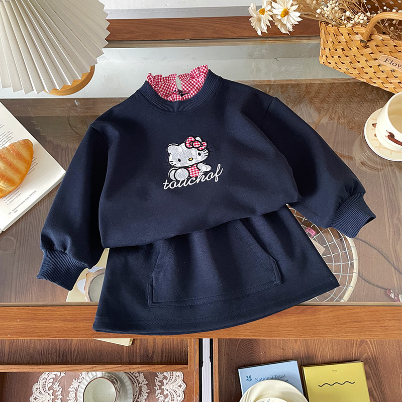 女童套装2025秋季新款韩版格子卡通kt休闲假两件卫衣半身裙套装