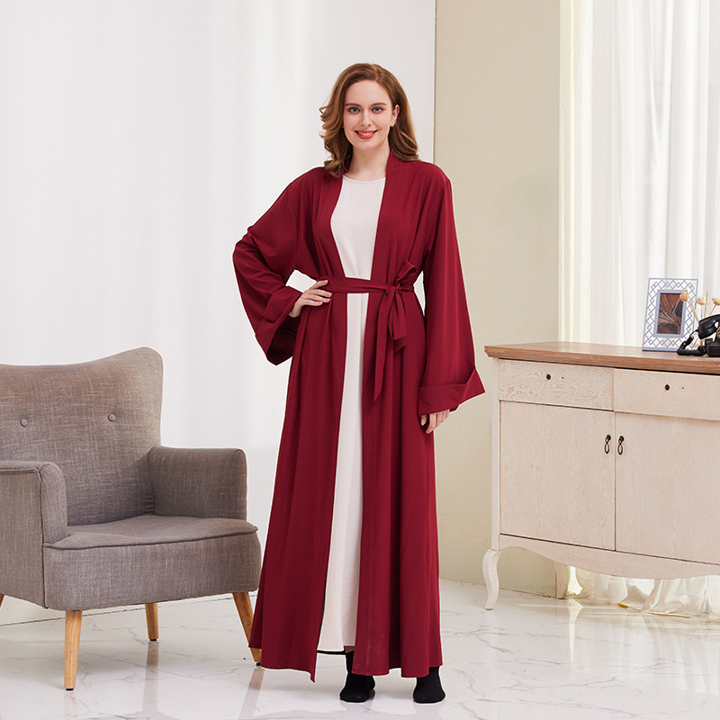 Muslim Cardigan Robe For Women Solid Colour Tie-up Dubai Style_voghion.com