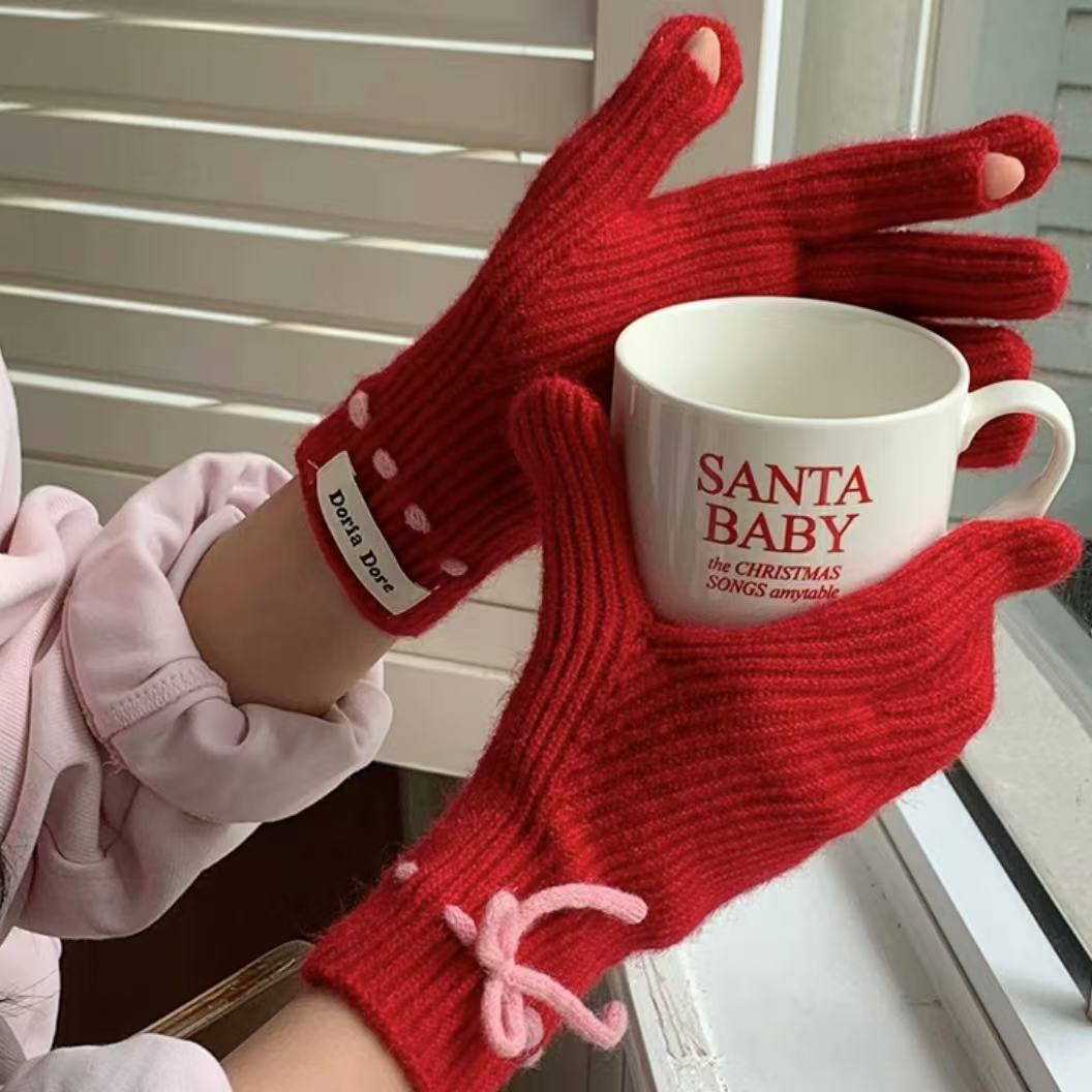 Inswind guantes de tejido de cordilla coreana de cachemira de color sólido de invierno caliente para mujeres arco de pantalla táctil guantes de dedo de moda