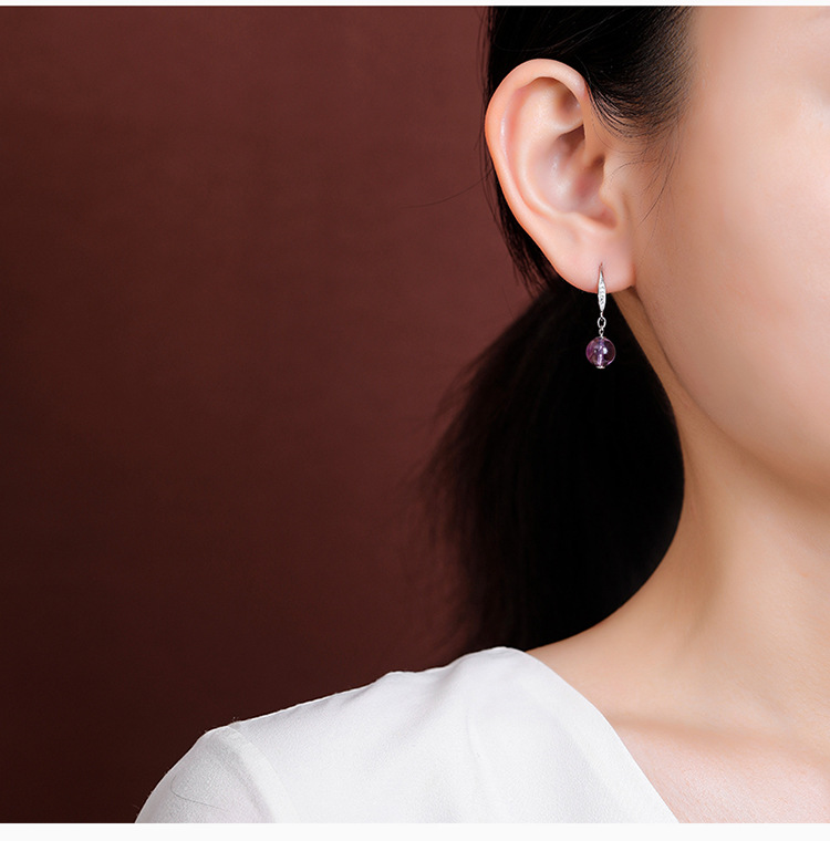 Bông tai bạc S925 mạ vàng đính pha lê tự nhiên hạt tròn khảm hình học — Kiểu màu bạc chi tiết 6