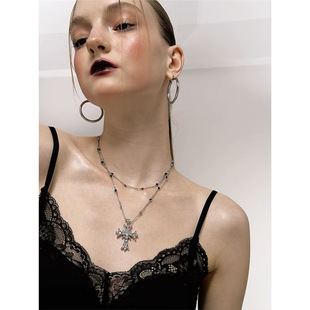 Poato Retro Double-Layer Cross Necklace European and American Style Choker Light Luxury Elegant Necklace