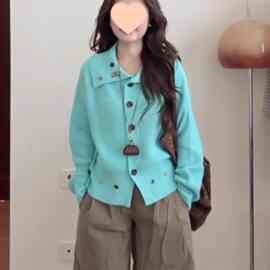 已出货 慵懒风翻领长袖针织衫女秋季小个子洋气宽松休闲毛衣外套