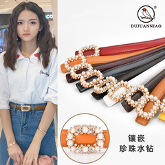 New women's leather belt with pearl and water drill round buckle decoration, versatile women's genuine leather smooth buckle belt, wholesale