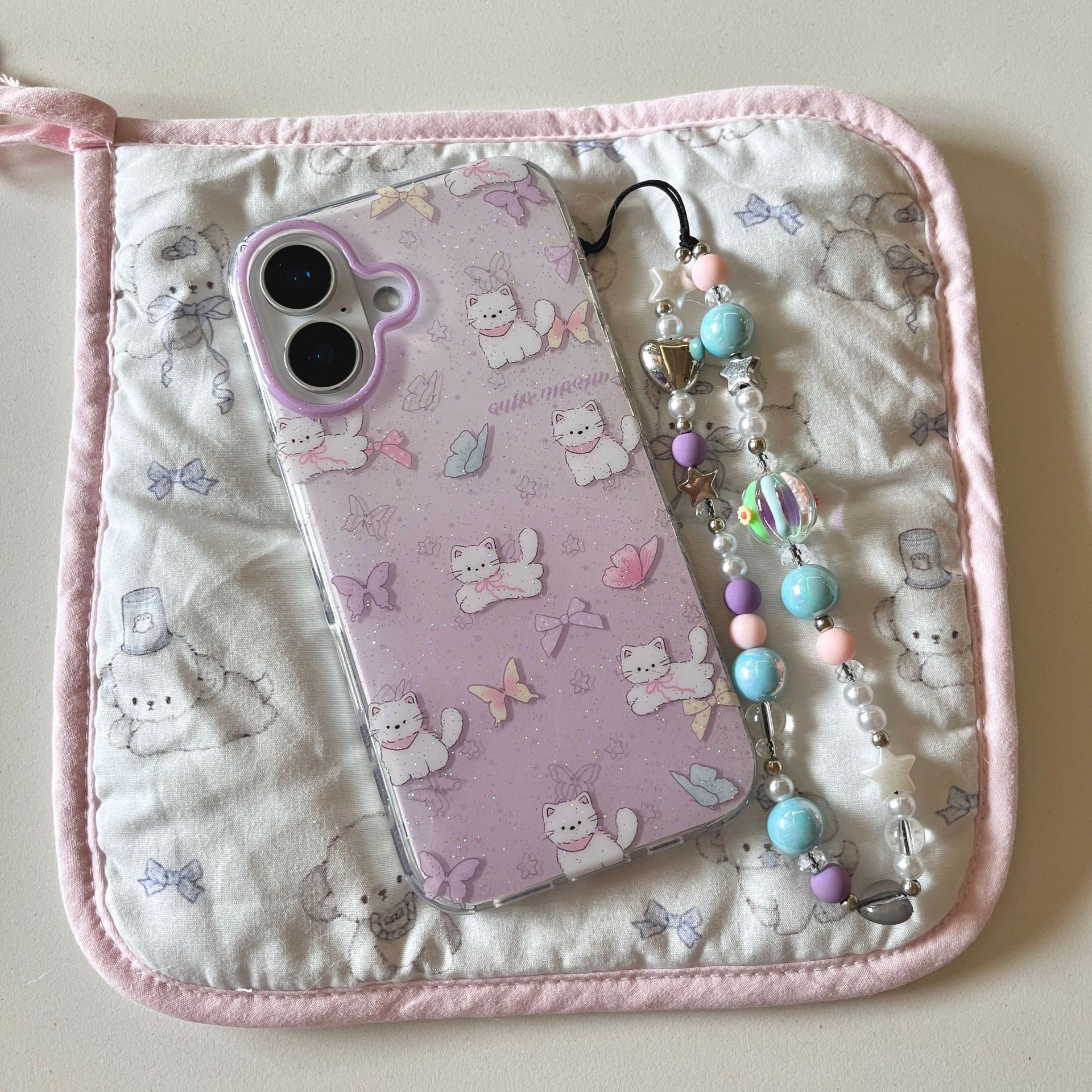 Gato con lazo morado lindo coreano para Apple 16ProMax funda para teléfono móvil 15/14 niña 13 mujer 15P