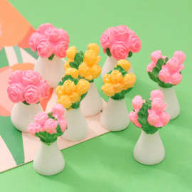 微景观摆件仿真玫瑰花假花盆景花瓶树脂工艺品娃娃屋桌面迷你摆件