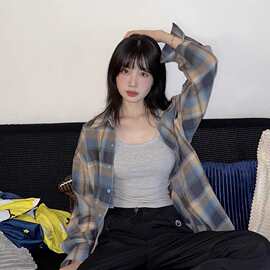 原版质量美式复古撞色格子防晒衬衫男女长袖休闲宽松薄款外套衬衣