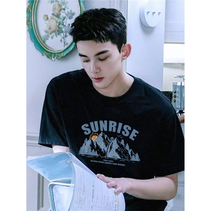 When The Snow in The Snow Wu Lei Lin Yiyang's Same STyle Snow MounTain LeTTer ShorT-sleeved T-shirT for Men and Women Pure CoTTon Half-sleeved Tops Trendy