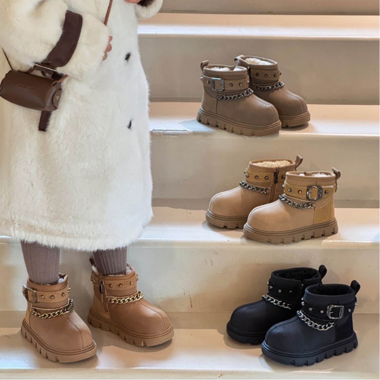 2025 New Winter Thickeneded Kidsren's Snow Boots Boys' Side Zipper Warm Short Boots Girls' Casual Cotton Boots Trendy