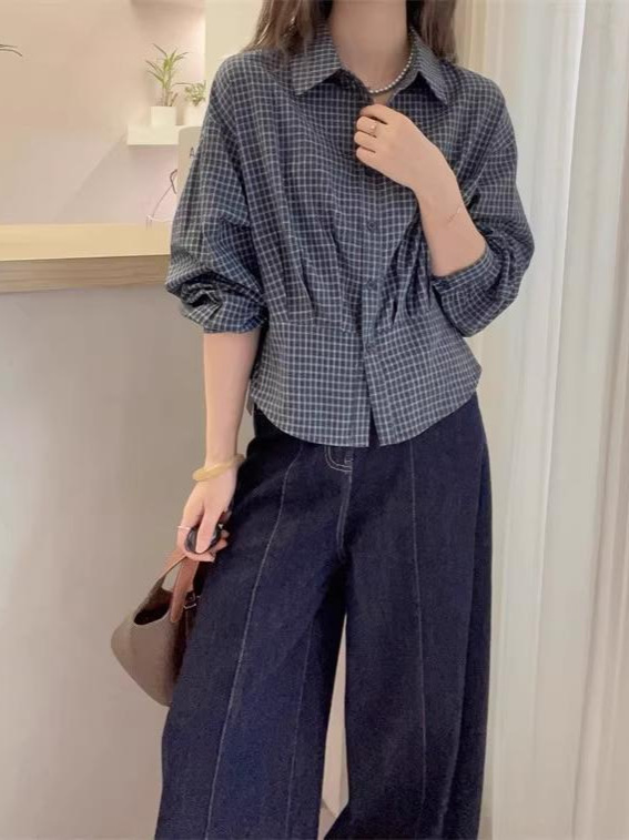大码胖mm韩系格子长袖衬衫女装早秋2025新款高级收腰显瘦小衫上衣|undefined