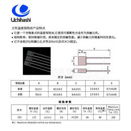 方形过热保护器 X22日本内桥UCHIHASHI 115度3安AC250V