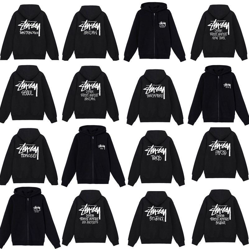 跨境潮牌城市限定开衫拉链连帽秋冬款宽松卫衣男女帽衫外套STU西