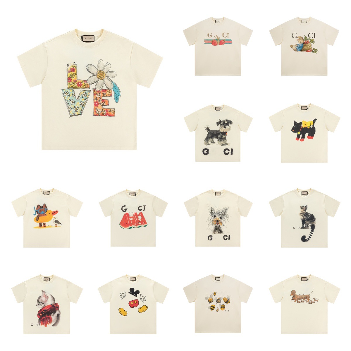 正确版跨境25SS古GU家高版新款卡通动物图案系列无感印花短袖T恤