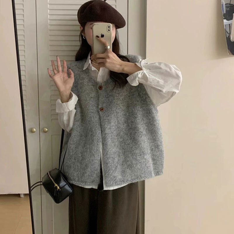 2025新款韩版两粒扣无袖针织马甲女宽松显瘦休闲简约百搭叠穿上衣|undefined